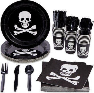 Juvale 144-Pieces Pirate Party Supplies with Skeleton Paper Plates, Napkins, Cups and Cutlery for Skull Birthday Party Decorations, Serves 24