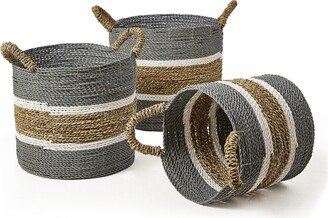 3 Piece Round Sea Grass and Raffia Basket Set with Ear Handles