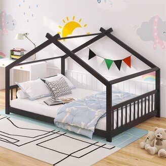 TONWIN Kids Bed,Full Size House Bed Wood Bed,Espresso