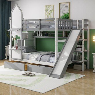 Joliwing Castle Style Full-Over-Full Bunk Bed with Drawers & Shelves & Slide,Grey