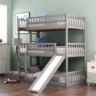 Calnod Solid Wood Triple Twin over Twin Bunk Bed with Guardrails - Slide and Built-in Ladder - Divided into 3 Beds - Kids' Furniture