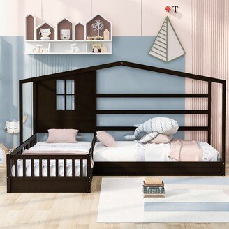 Calnod Twin Size L Structure House Bed, 2 Twin Solid Bed with Fence and Slatted Frame, Wood 2 Beds in 1 for Kids Teens Aldults Bedroom