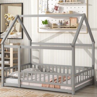 Joliwing Full Size Toddler House Bed Frame,Solid Wood Floor Bed Frame,Grey