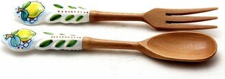 Utensil Set Lemon Wood With Hand Painted Ceramic Handle | Pair Set