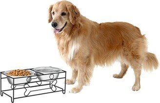 Elevated Dog and Cat Bowls - Decorative 6.5-Inch-Tall Raised Stand with 2 Stainless-Steel Food and Water Bowls - Hold 40oz Each by Black)