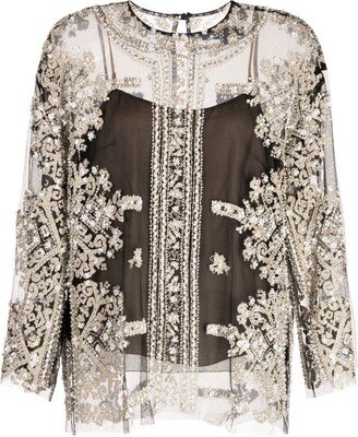 Floral-Embroidered Semi-Sheer Blouse