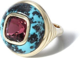 Red Tourmaline in Turquoise Petite Lollipop Yellow Gold Ring