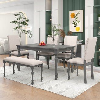 IGEMAN Neoclassical Style Dining Table Set for 6, Dining Table and 4 Kitchen Room Chairs&Bench, 6 Piece Kitchen Table Set,Espresso