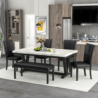 BESTCOSTY 6-piece Dining Table Set, 1 Faux Marble Top Table, 4 Seats and 1 Bench