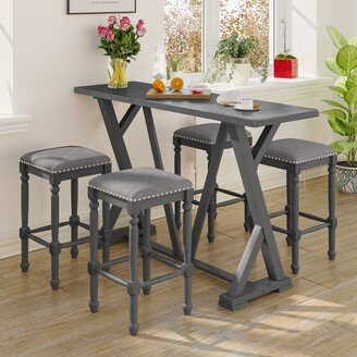 IGEMAN Mid-century Counter Height 5-Piece Dining Set; Wood Console Table with Trestle Legs and 4 Stools for Small Places; Gray - 60