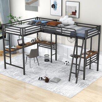 EYIW Twin Size Metal L-Shaped Loft Bed with 2 Bulit-in Wood Desks, 2 Ladders and Metal Slats