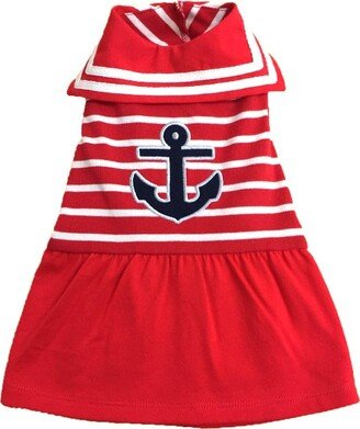 The Worthy Dog Knit Stripe Appliqué Anchor Dog Dress - Red/White - M