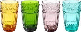 Whole Housewares | Vintage Glass Tumblers | Set of 4 Drinking Glasses | 11oz Embossed Design | Drinking Cups for Water, Iced Tea, Juice (Multi-Color)