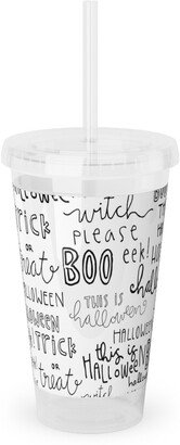 Travel Mugs: Halloween Words - White Acrylic Tumbler With Straw, 16Oz, White