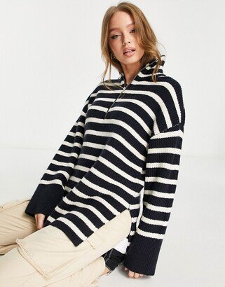 oversized zip neck sweater in navy and off white stripe