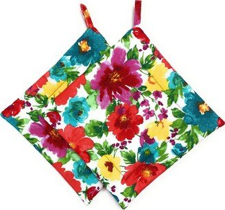 Set Of 2 - Pink Red Yellow Floral Flowers Teal Turquoise Green Leaves Square Hot Pot Holders Pads Pan Holder Plate Trivet