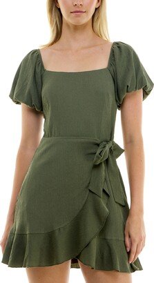 Juniors' Puff-Sleeve Side-Tie Fit & Flare Dress