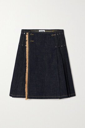 Frayed Pleated Denim Wrap Skirt - Blue