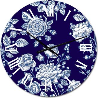 Designart 'Light Blue Roses On Dark Blue' Patterned wall clock