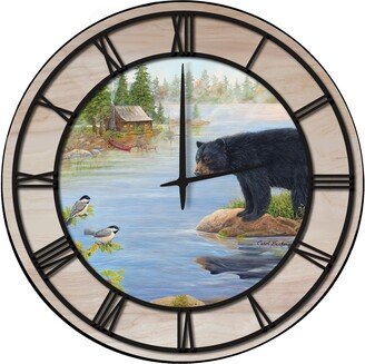 House & Homebody Co. Wall Clock with Natural Woodgrain Accent - Misty Morning Encounter - Black Numbers - 24 x 24