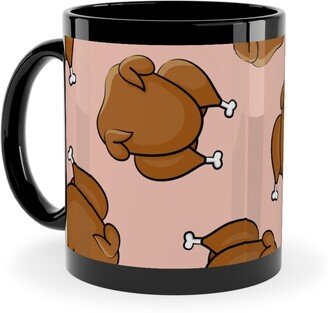 Mugs: Thanksgiving Day Turkey Toss Ceramic Mug, Black, 11Oz, Pink