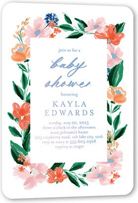 Baby Shower Invitations: Flowered Frame Baby Shower Invitation, White, Iridescent Foil, 5X7, Matte, Personalized Foil Cardstock, Rounded