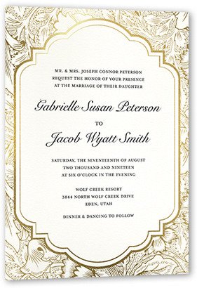 Wedding Invitations: Ornate Petals Wedding Invitation, White, Gold Foil, 5X7, Matte, Signature Smooth Cardstock, Square