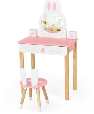 Kids Vanity Set Rabbit Makeup Dressing Table Chair Set with Mirror and Drawer - 23.5 x 13.5 x 40.5
