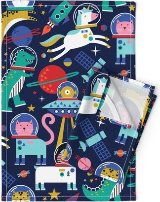 Space Tea Towels | Set Of 2 - Critters Large Scale By Sally Mountain Spaceship Rocket Animals Linen Cotton Spoonflower