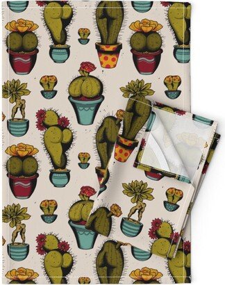 Booty Butt Tea Towels | Set Of 2 - Cactass By Cecilia Granata Cactus Succulents Whimsical Kitsch Linen Cotton Spoonflower