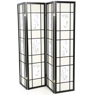 Black 4-Panel Room Divider Shoji Screen with Asian Floral Print - 70.25