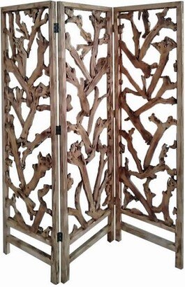 3 Panel Wooden Screen with Mulberry Alpine Like Branches Design - 72 H x 6 W x 60 L Inches