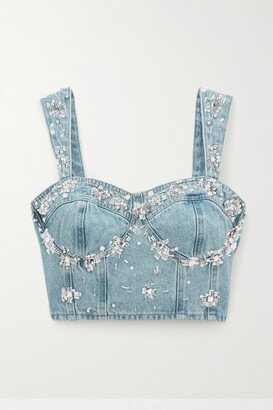 Embellished Cropped Denim Bustier Top - Blue