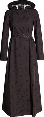 Rainsisters Long Brown Coat In Trapeze Cut With Black Floral Print: Velvet Leaves