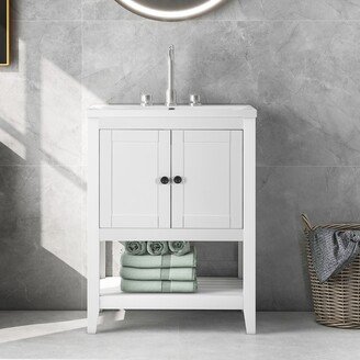 NOVABASA 24 White Modern Sleek Bathroom Vanity Elegant Ceramic Sink with Solid Wood Frame Open Style Shelf