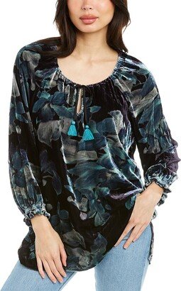 Glowing Iris Bishop Sleeve Peasant Silk-Blend Blouse