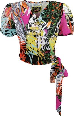 Lalipop Design Double-Breasted Blouse With Abstract Floral-Print