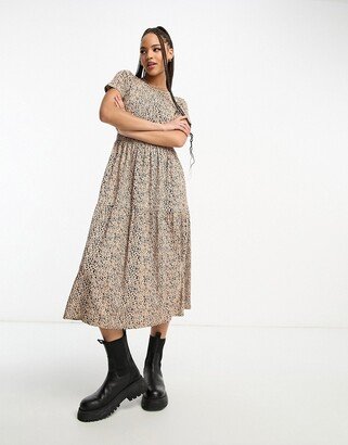 smudge spot tiered midi dress in neutral