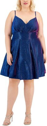 Trendy Plus Size Glitter Fit & Flare Dress - Sapphire/Fucshia