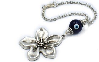 Car Rearview Mirror Charm, Evil Eye Hanger Ornament, Blue Ceramic Bead, Silver Plated Flower Accessories, Jewelry