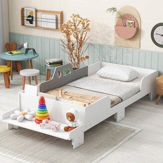 NA White Car-Shaped Twin Bed Platform Frame with Bench for Kids