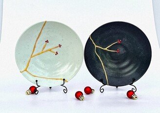 Yin Yang Kintsugi Plates with Red Berries - Home Decor Bowls Pottery Wabi Sabi -Dark Blue & White W Gold Repair Gift