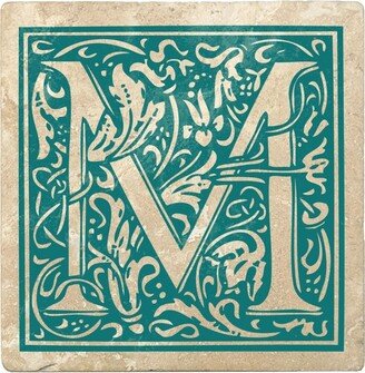 Set of 4 Ivory and Teal Blue Alphabet M Square Monogram Coasters 4