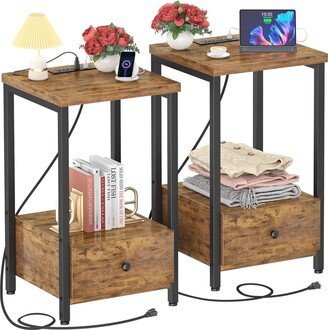 Global Pronex Nightstands Set of 2 with Charging Station, Modern Night Stand Bedside Table with Storage Drawer and Shelf, End Side Table