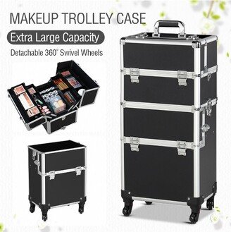 Rolling Aluminum 3 in 1 Makeup Case Trolley Makeup Beauty Box Case, Black