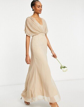 Bridesmaid linear embellished blouson maxi dress with short sleeve