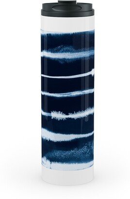 Travel Mugs: Ikat Watercolor Stripes - Navy Stainless Mug, White, 20Oz, Blue
