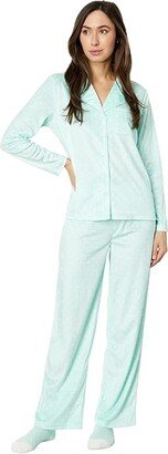 Petite Novelties Minky Fleece Long Sleeve Girlfriend PJ Set with Socks (Mint Pin Dot) Women's Pajama Sets