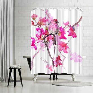 71 x 74 Shower Curtain, House Finch And Pink Flowers by Suren Nersisyan