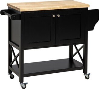 HOMCOM Rolling Kitchen Island on Wheels, Utility Serving Cart with Rubberwood Top, Towel Rack, Spice Rack and Storage Cabinet, Black